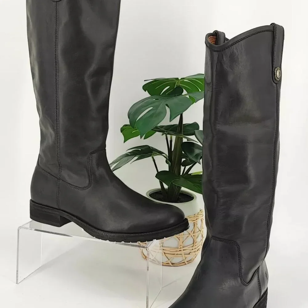 Frye Women's Melissa Button Black Leather Knee-High Riding Boots Size 8M US